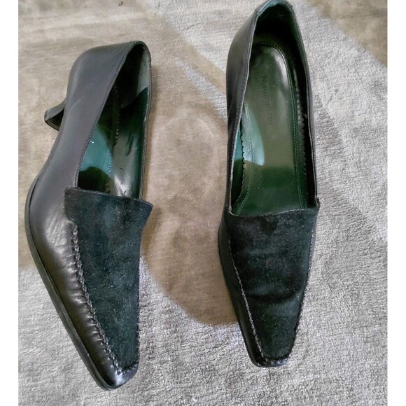 Naturalizer Kitten Loafer Pump Heels Womens Size 10W Black Leather Square Toe - Picture 1 of 16